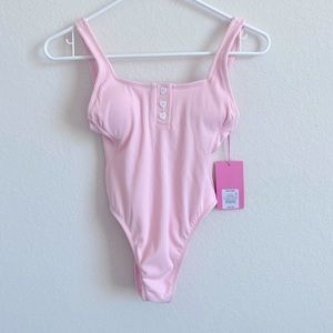 Stoney Clover Pink Ribbed One-Piece Cheeky High Bathing Suit.  Sz XXS (00) NWT